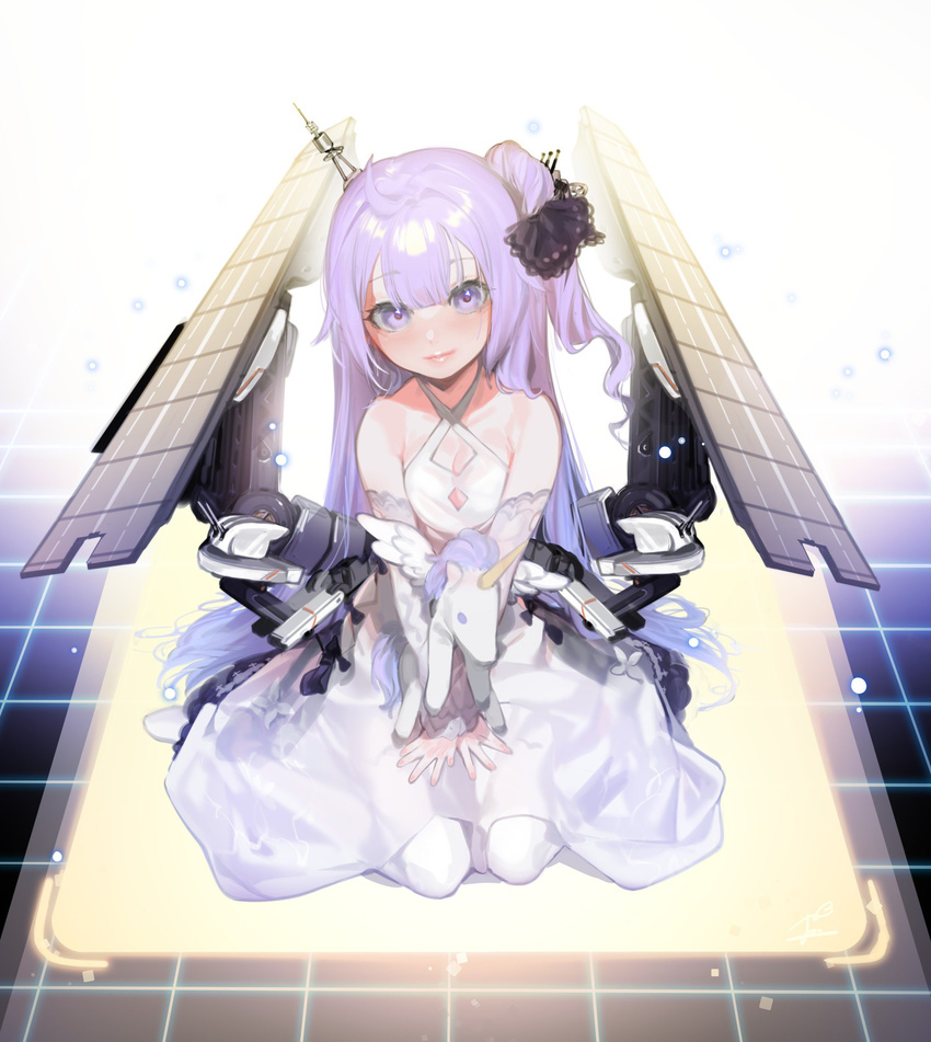 azur_lane bangs bare_shoulders blunt_bangs blush breasts closed_mouth criss-cross_halter detached_sleeves dress eyebrows_visible_through_hair fingernails flight_deck halterneck highres long_hair looking_at_viewer machinery nail_polish no_shoes ohisashiburi pantyhose pink_nails protected_link purple_eyes purple_hair sitting small_breasts smile solo stuffed_alicorn stuffed_animal stuffed_toy unicorn_(azur_lane) v_arms very_long_hair wariza white_dress white_legwear