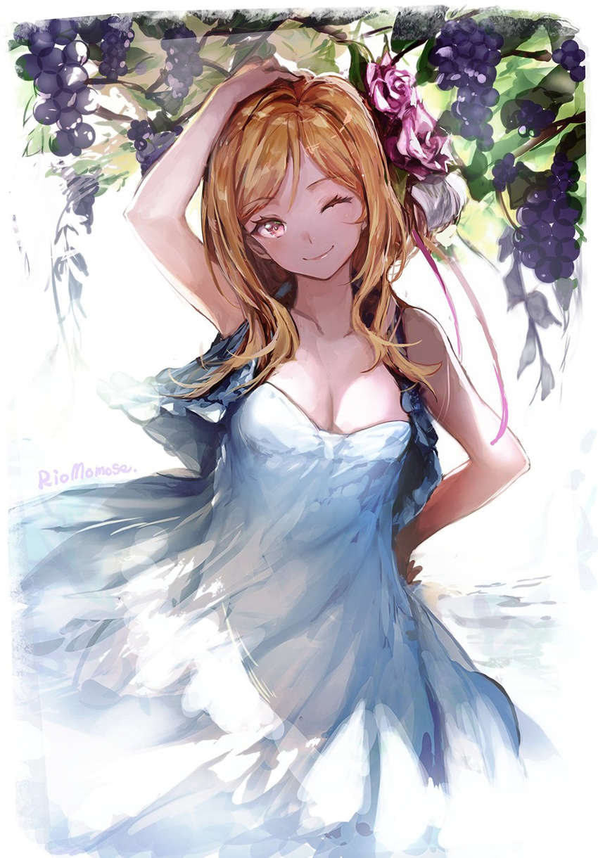 arm_up bismarcho breasts brown_eyes brown_hair character_name cleavage commentary_request dress flower food fruit grapes highres idolmaster idolmaster_million_live! long_hair looking_at_viewer medium_breasts momose_rio one_eye_closed smile solo white_dress