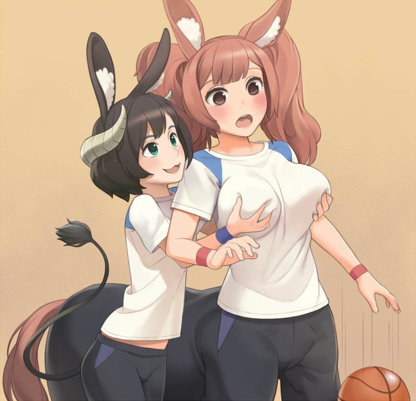 :3 akechi_mitsuyo animal_ears aqua_eyes bangs basketball black_hair blush breast_grab breasts brown_eyes brown_hair centaur centaur_no_nayami cristalavi crotch_seam demon_horns demon_tail grabbing grabbing_from_behind gym_uniform highres horns horse_ears horse_tail kimihara_himeno large_breasts looking_at_another monster_girl multiple_girls open_mouth pointy_ears shirt short_hair short_sleeves shorts sweatband t-shirt tail twintails yuri