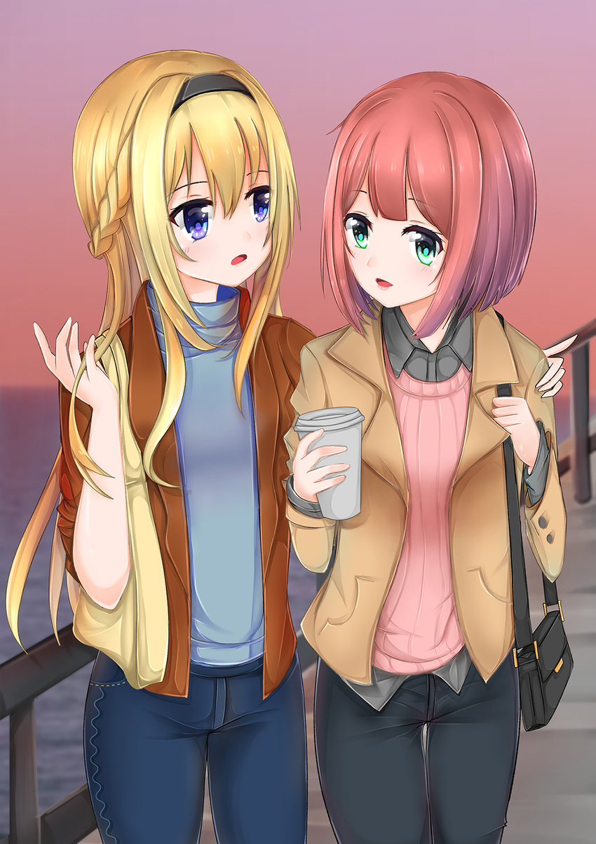 :d alternate_costume ark_royal_(kantai_collection) bag black_hairband blazer blonde_hair blue_eyes blue_sweater bob_cut braid casual coffee_cup contemporary cowboy_shot cup d: denim disposable_cup french_braid hairband highres jacket jeans kantai_collection long_hair multiple_girls open_mouth pants pink_sweater red_hair satsukikyo short_hair smile sweater tumbler warspite_(kantai_collection)