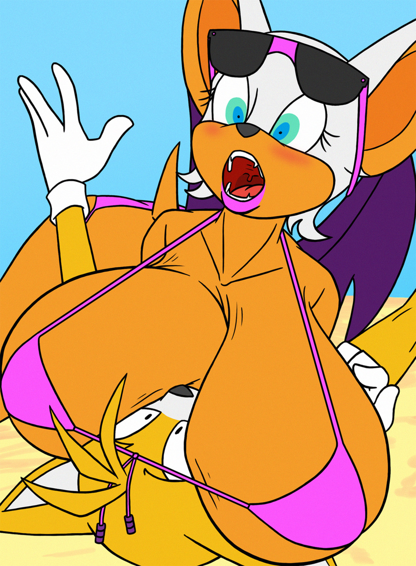 2017 anthro bat big_breasts bikini blue_eyes breast_smother breasts canine clothed clothing creatiffy duo eyelashes eyewear fangs female female_on_top fox gloves green_sclera huge_breasts lipstick makeup male mammal miles_prower on_top open_mouth rouge_the_bat smothering sonic_(series) sunglasses surprise swimsuit