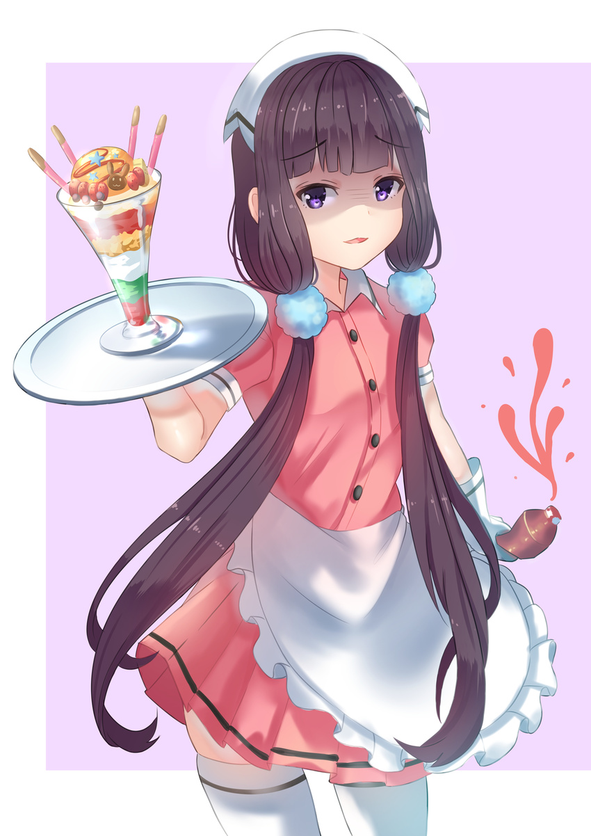 absurdres blend_s bottle brown_hair cowboy_shot eyebrows_visible_through_hair food gloves highres holding holding_tray holmemee ice_cream long_hair looking_at_viewer parfait parted_lips pocky purple_eyes sakuranomiya_maika shaded_face solo stile_uniform sundae tray twintails very_long_hair waitress white_gloves