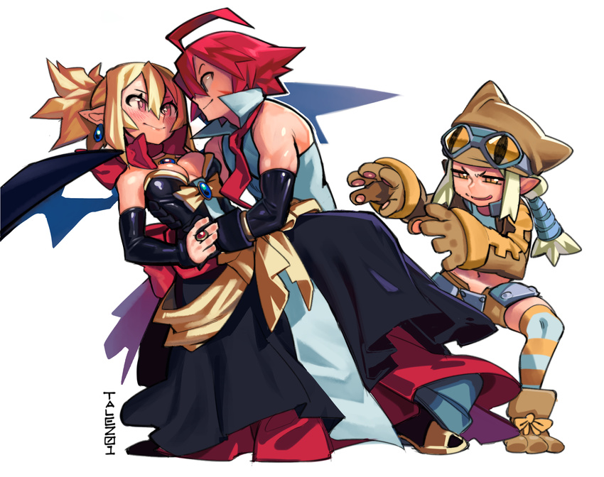 2girls adell_(disgaea) animal_hat artist_name back_bow black_dress blonde_hair bow breasts cat_hat cleavage couple dancing demon_girl demon_wings disgaea dress earrings eye_contact gloves goggles goggles_on_head hat highres jewelry looking_at_another makai_senki_disgaea_2 medium_breasts midriff multiple_girls navel necklace necktie paw_boots paw_gloves paws pointy_ears popped_collar red_hair ribbon ring rozalin scar shawl short_shorts shorts simple_background smile stomach talez01 thief_(disgaea) white_background wings