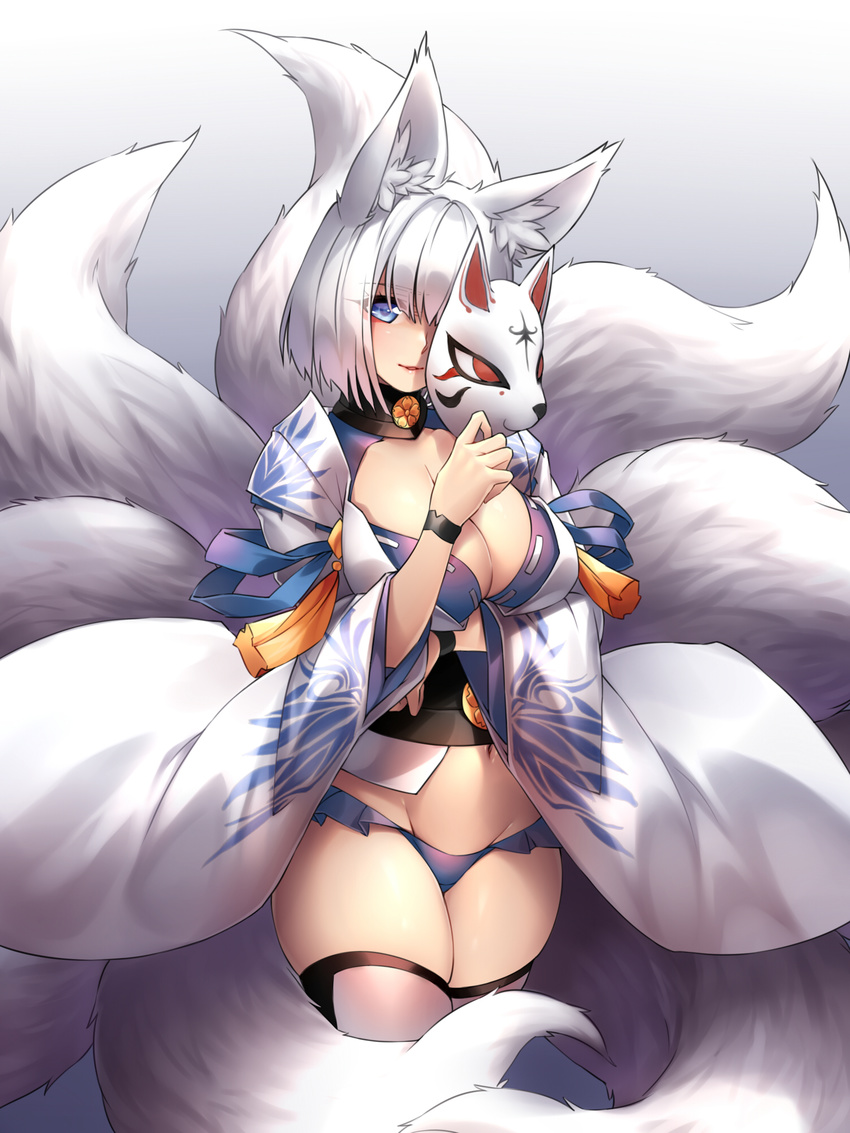 animal_ears azur_lane cleavage japanese_clothes kaga_(azur_lane) kitsune pantsu rico_(game00985) tail thighhighs