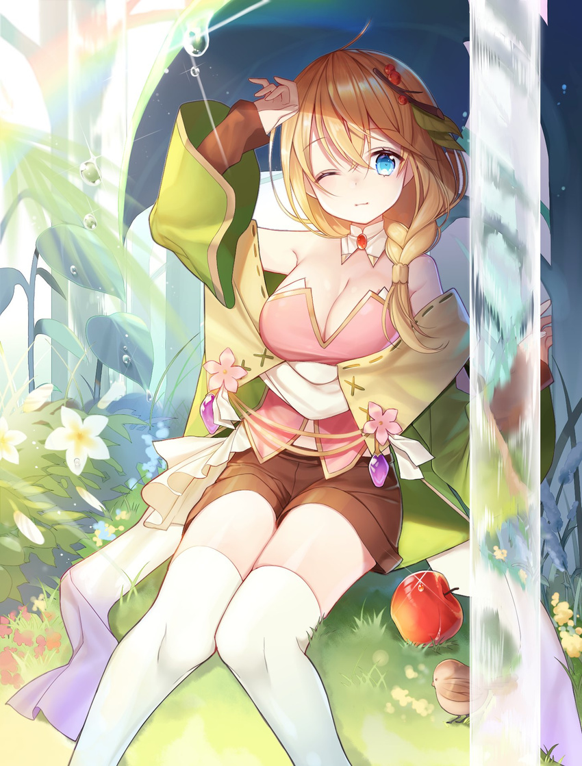 apple bird blonde_hair blue_eyes blush braid breasts cleavage closed_mouth day eyebrows_visible_through_hair flower food fruit hair_ornament highres ion_(on01e) large_breasts long_hair looking_at_viewer original outdoors sitting smile solo thighhighs water_drop white_legwear