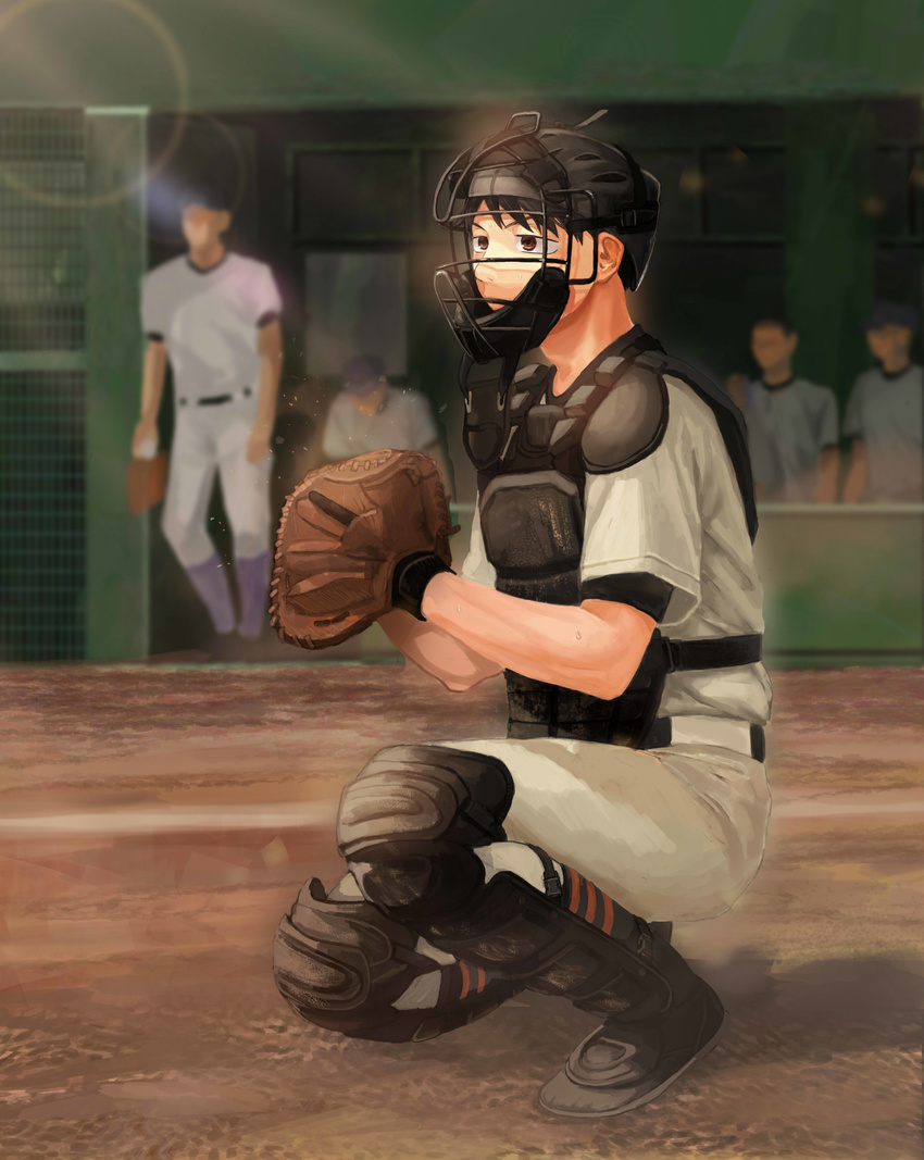 absurdres arms_at_sides bad_id bad_pixiv_id baseball baseball_cap baseball_mitt baseball_uniform black_hair brown_eyes catcher dugout faceless faceless_male hand_up hat highres knee_pads lens_flare looking_to_the_side male_focus multiple_boys noasa ookiku_furikabutte sitting solo_focus sportswear standing striped striped_legwear sweat