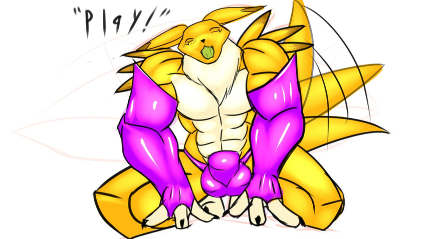 ! 2012 abs anthro ball biceps big_bulge big_muscles bulge canine clothing cute dialogue digimon english_text eyes_closed fur happy male mammal manly multicolored_fur muscular muscular_male pecs playful quads renamon renthedragon simple_background solo tailwag text thong two_tone_fur white_background white_fur yellow_fur