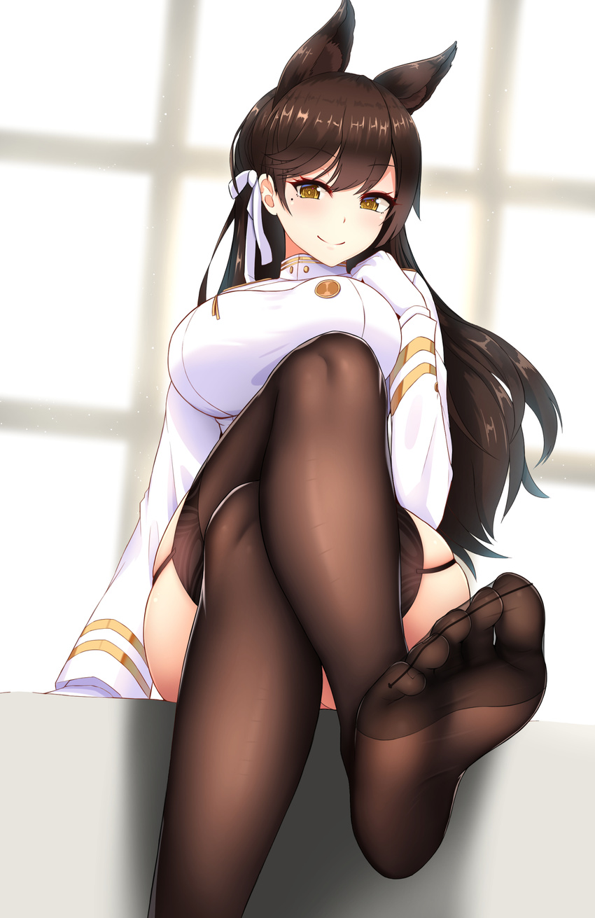 animal_ears atago_(azur_lane) azur_lane black_hair black_legwear breasts brown_eyes closed_mouth crossed_legs damao_yu extra_ears feet garter_straps gloves hair_ribbon highres impossible_clothes large_breasts long_hair long_sleeves looking_at_viewer md5_mismatch military military_uniform mole mole_under_eye no_shoes revision ribbon shiny shiny_hair sitting skindentation smile soles solo thighhighs toes uniform white_gloves white_ribbon window