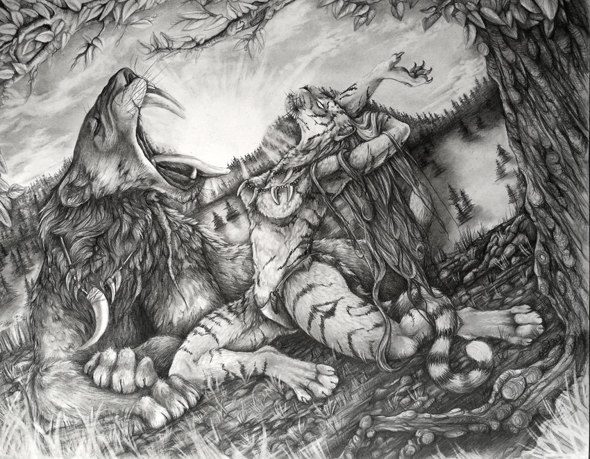 2017 4_toes 5_fingers ambiguous_gender anthro breasts detailed_background detailed_sketch digitigrade duo feline female feral fur grass hair long_hair mammal open_mouth saber-toothed_cat striped_fur stripes teiirka tiger toes traditional_media_(artwork) tree whiskers