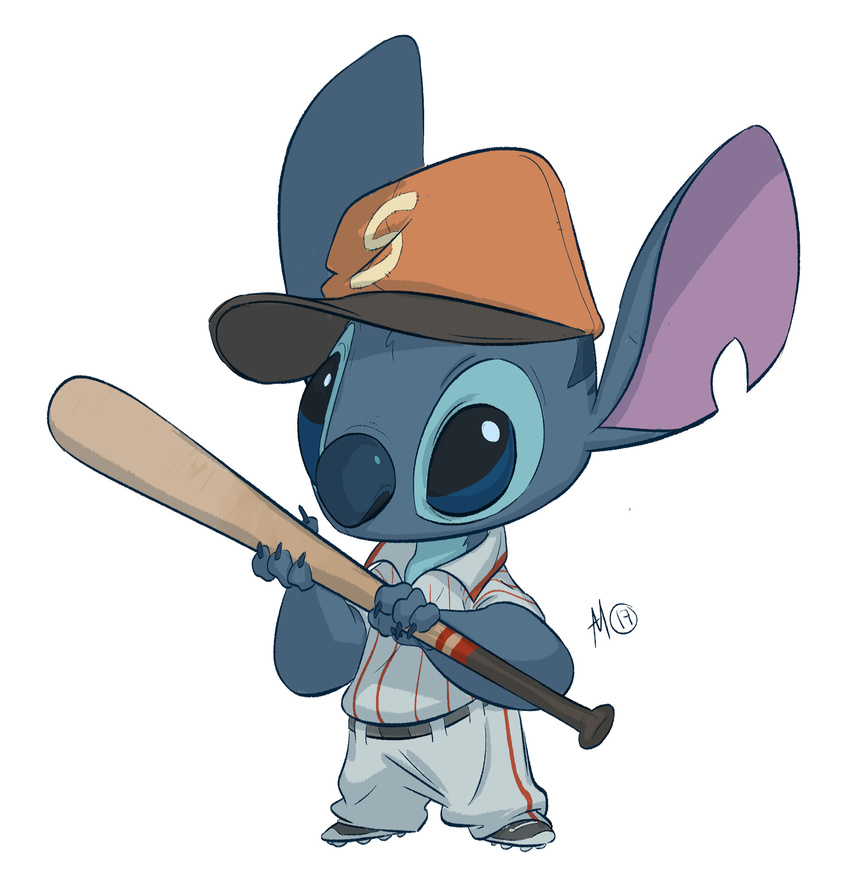 2017 4_fingers abdullah_moatasem alien baseball_(sport) baseball_bat baseball_cap baseball_uniform blue_claws blue_eyes blue_fur blue_nose claws cleats clothed clothing disney experiment_(species) fur hat hi_res holding_object lilo_and_stitch notched_ear signature simple_background solo sport stitch uniform white_background