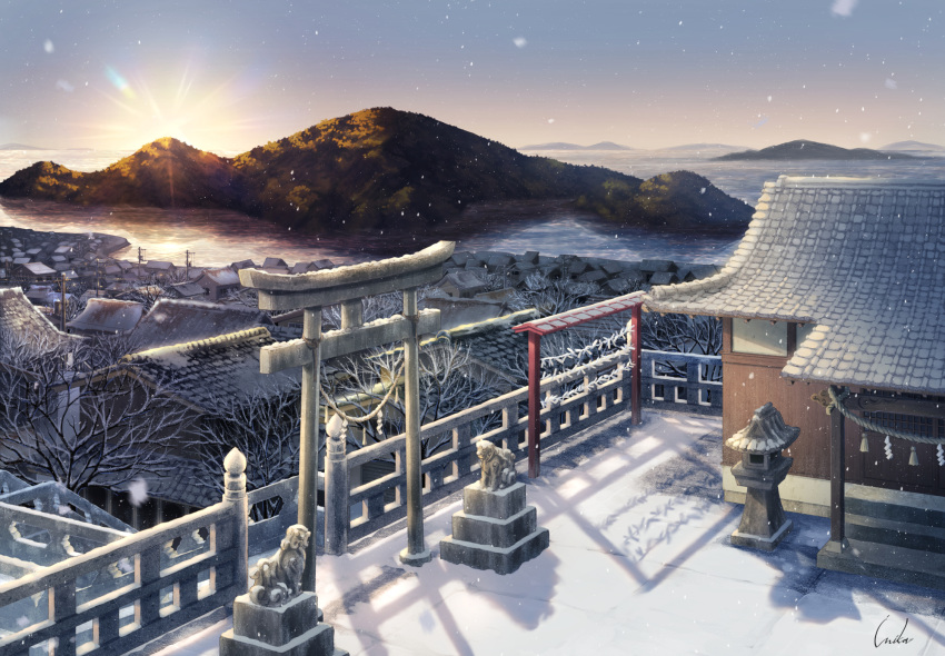 architecture bare_tree blue_sky building day diffraction_spikes east_asian_architecture gradient_sky highres horizon inika island mountain no_humans ocean original outdoors scenery shade shide shrine signature sky snow snowing sun sunlight sunrise tile_roof torii town tree water winter