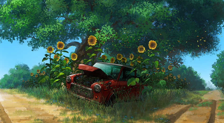 broken car commentary_request day flower grass ground_vehicle motor_vehicle no_humans original oropi outdoors road scenery sky sunflower tree under_tree