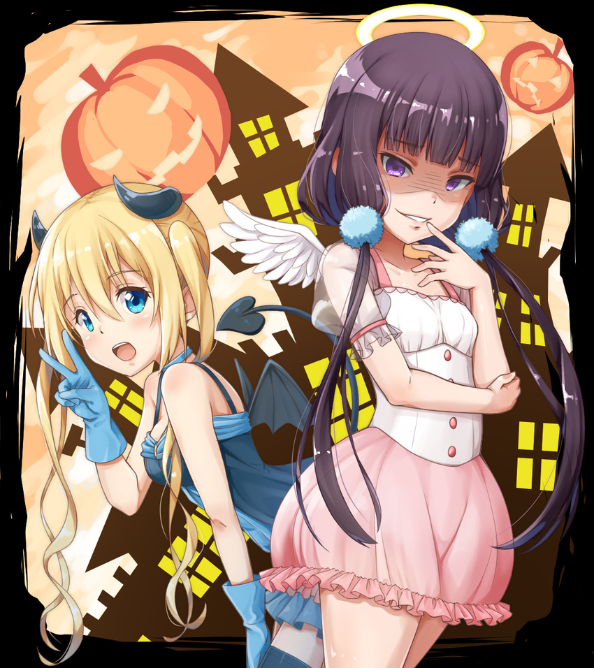 :d bangs blend_s blonde_hair blue_choker blue_dress blue_eyes blue_gloves blunt_bangs blush border breasts brown_hair building choker collarbone cowboy_shot demon_horns demon_tail demon_wings dress evil_smile eyebrows_visible_through_hair finger_to_mouth frilled_sleeves frills gloves hair_between_eyes halloween halo hand_on_own_thigh highres hinata_kaho horns jack-o'-lantern leaning_forward long_hair looking_at_viewer low_twintails medium_breasts multiple_girls open_mouth outside_border pleated_skirt pom_pom_(clothes) purple_eyes saira sakuranomiya_maika shaded_face short_sleeves skirt sleeveless sleeveless_dress small_breasts smile tail thighhighs twintails v very_long_hair white_wings wings