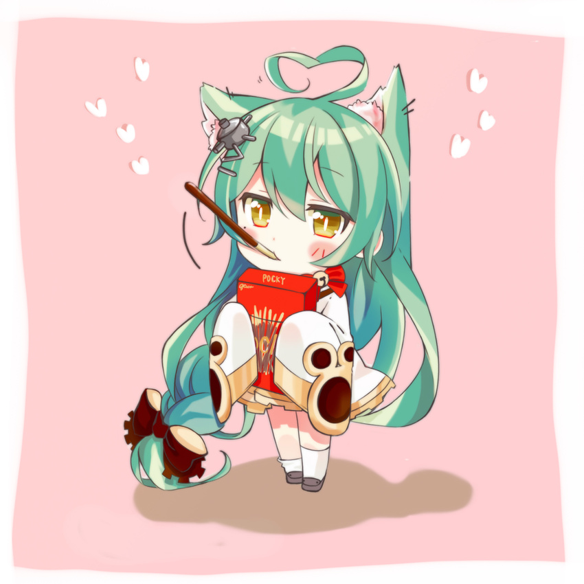 absurdly_long_hair ahoge akashi_(azur_lane) azur_lane bad_id bad_pixiv_id bell bell_choker bow box chibi choker commentary_request food full_body green_hair hair_bow hair_ornament hair_ribbon hairpin heart_ahoge highres holding kamakura_(abcd-1111-58) long_hair looking_at_viewer low-tied_long_hair mouth_hold pocky pocky_day ribbon ribbon_choker simple_background sleeves_past_wrists solo very_long_hair yellow_eyes