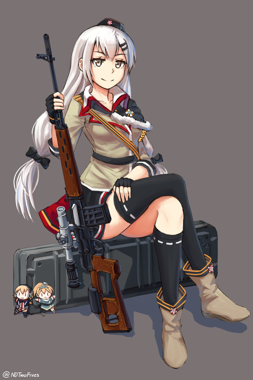 aiguillette asymmetrical_legwear black_gloves black_hat black_skirt brown_footwear brown_shirt capelet case character_doll character_name commentary_request crossed_legs doll dragunov_svd fingerless_gloves girls_frontline gloves grey_background gun hair_ornament hair_ribbon hairclip hand_on_thigh hat highres holding holding_gun holding_weapon long_hair low-tied_long_hair low_twintails multiple_girls ndtwofives pleated_skirt ribbon rifle scope scw_(girls_frontline) shirt silver_eyes silver_hair sitting sitting_on_object skirt smile sniper_rifle sv-98_(girls_frontline) svd_(girls_frontline) thighhighs twintails twitter_username weapon