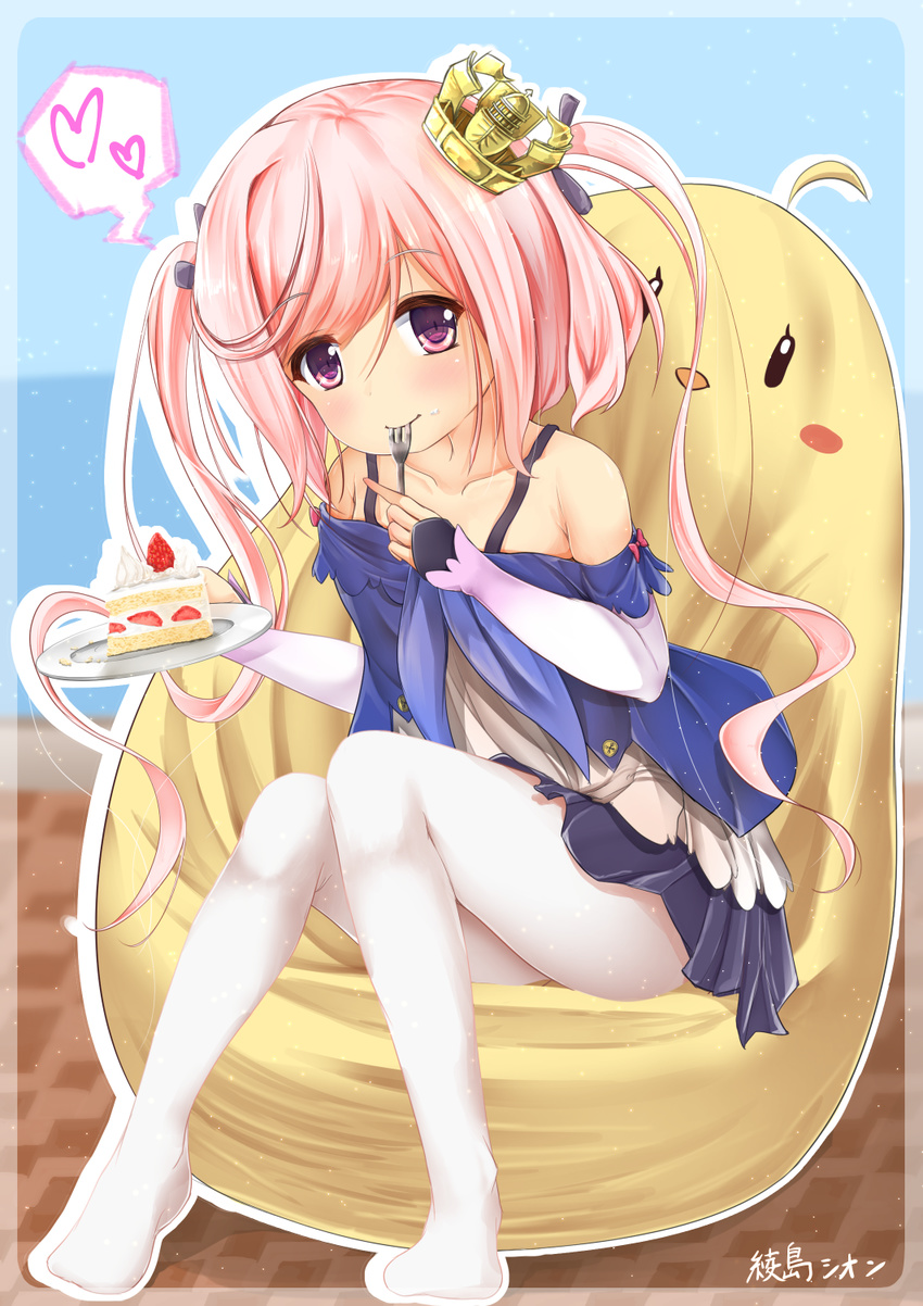 azur_lane cake collarbone couch crown dress eating food fork hair_ornament heart highres juno_(azur_lane) long_hair looking_at_viewer maru_shion pantyhose pink_eyes pink_hair plate signature solo spoken_heart strawberry_shortcake twintails white_legwear