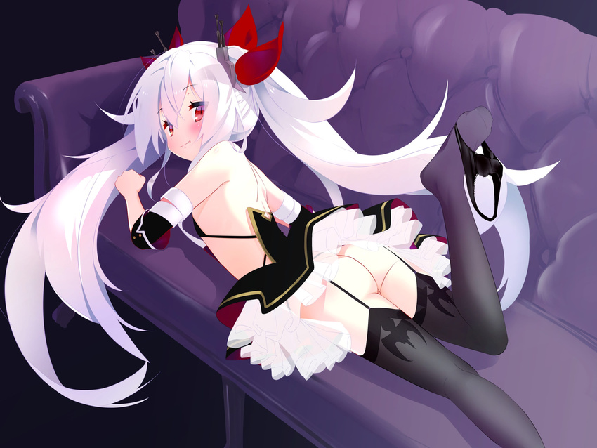 ass azur_lane bandaged_arm bandages bangs black_dress black_legwear black_panties blush closed_mouth couch detached_sleeves dress eyebrows_visible_through_hair fang fang_out garter_straps hair_between_eyes hair_ribbon highres houmitsu long_hair looking_at_viewer looking_back lying md5_mismatch no_shoes on_couch on_stomach panties panties_around_one_leg red_eyes red_ribbon ribbon shoulder_blades silver_hair smile solo thighhighs twintails underwear vampire_(azur_lane) very_long_hair