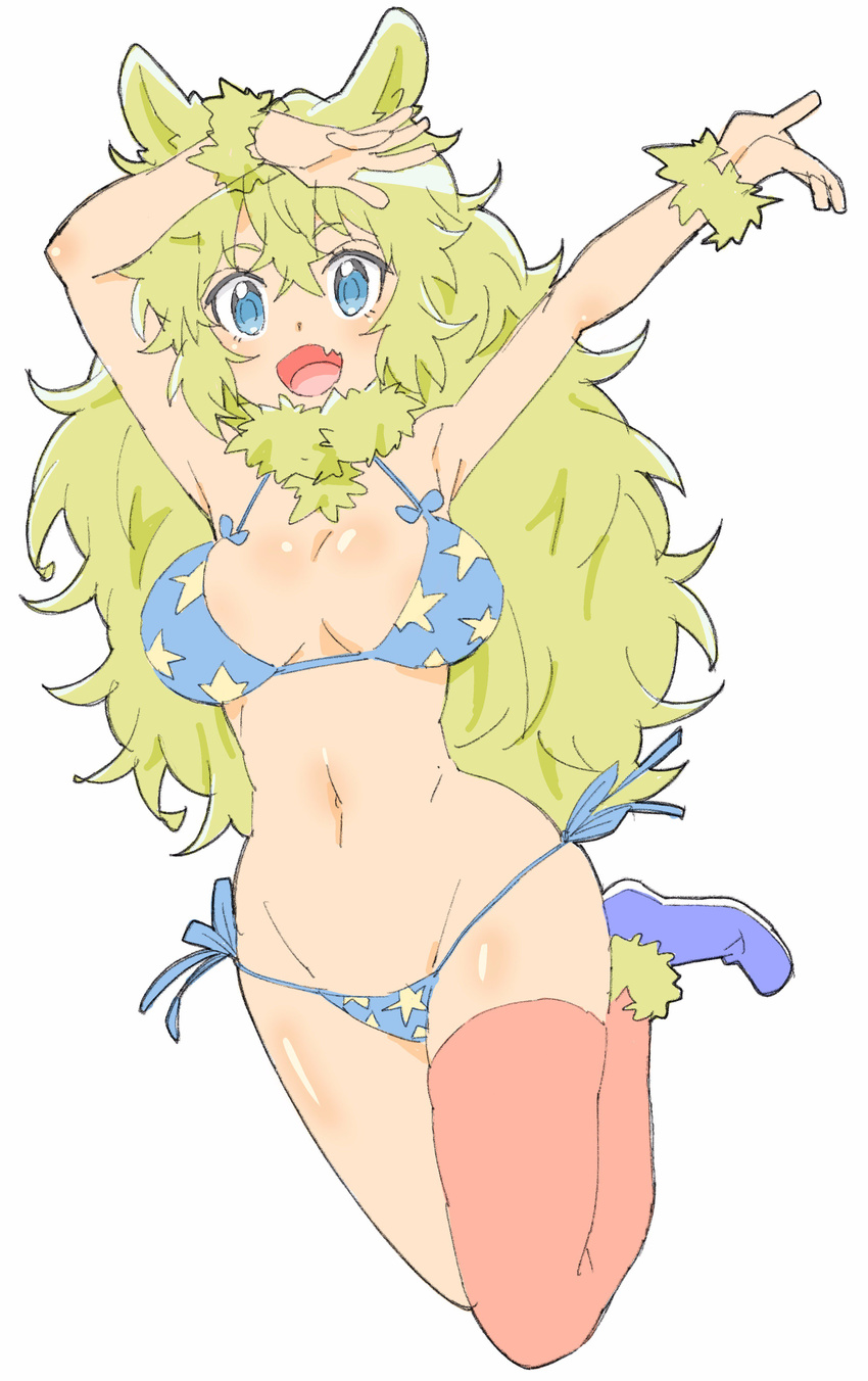 :d absurdres animal_ears arms_up bangs bare_shoulders bikini blonde_hair blue_bikini blue_eyes blue_footwear breasts breasts_apart donguri_suzume eyebrows_visible_through_hair fang full_body fur_collar fur_trim hair_between_eyes highres jumping long_hair looking_at_viewer medium_breasts navel open_mouth red_legwear shoes side-tie_bikini simple_background single_thighhigh smile solo star star_print swimsuit thighhighs white_background wristband