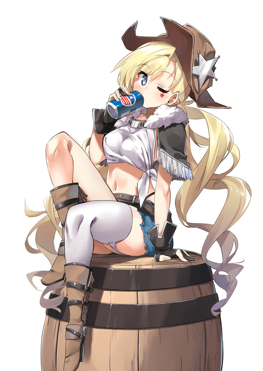 arm_support barrel belt black_gloves blonde_hair blue_eyes blue_shorts blush breasts brown_footwear can cola colt_m1873_(girls_frontline) cowboy_hat drinking electriccross eyebrows_visible_through_hair fur_trim girls_frontline gloves hat high_heels highres holding long_hair looking_at_viewer low_twintails medium_breasts midriff navel one_eye_closed partly_fingerless_gloves shirt short_shorts shorts simple_background single_thighhigh sitting solo star star_tattoo tattoo thighhighs tied_shirt twintails very_long_hair white_background white_legwear