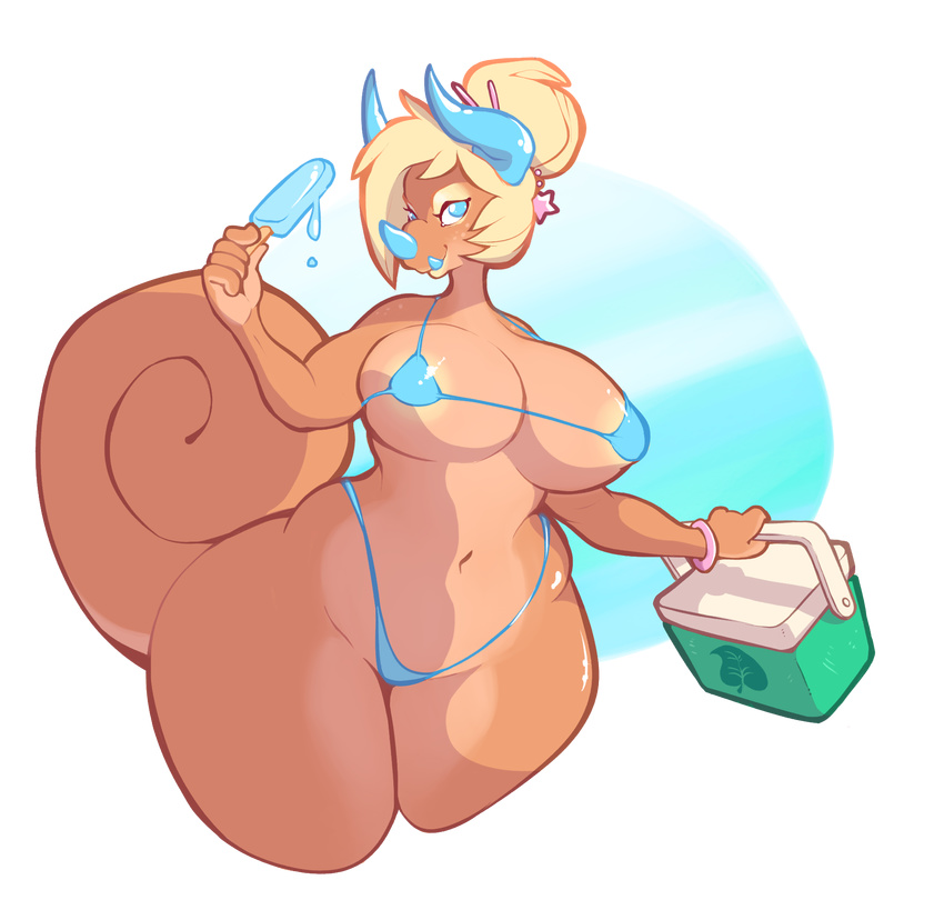 2017 3_horns 5_fingers alpha_channel anthro areola big_areola big_breasts bikini biped blonde_hair blue_background blue_clothing blue_eyes blue_horn bracelet breasts brown_skin brown_tail chameleon chimereon clothed clothing cooler coral_(seel_kaiser) countershade_legs countershade_tail countershade_torso countershading curled_tail curved_horn digital_drawing_(artwork) digital_media_(artwork) eyelashes eyeshadow fangs female food front_view hair hair_accessory hair_bun hi_res holding_food holding_object horn huge_breasts humanoid_hands ineffective_clothing jackson's_chameleon jewelry legs_together lizard looking_away makeup melting multi_horn multicolored_skin navel nipples non-mammal_breasts pinup popsicle portrait pose reptile scalie short_hair simple_background skimpy slightly_chubby small_waist smile solo standing star sticcie string_bikini swimsuit tan_skin tan_tail thick_thighs three-quarter_portrait transparent_background two_tone_skin two_tone_tail voluptuous wide_hips yellow_nipples