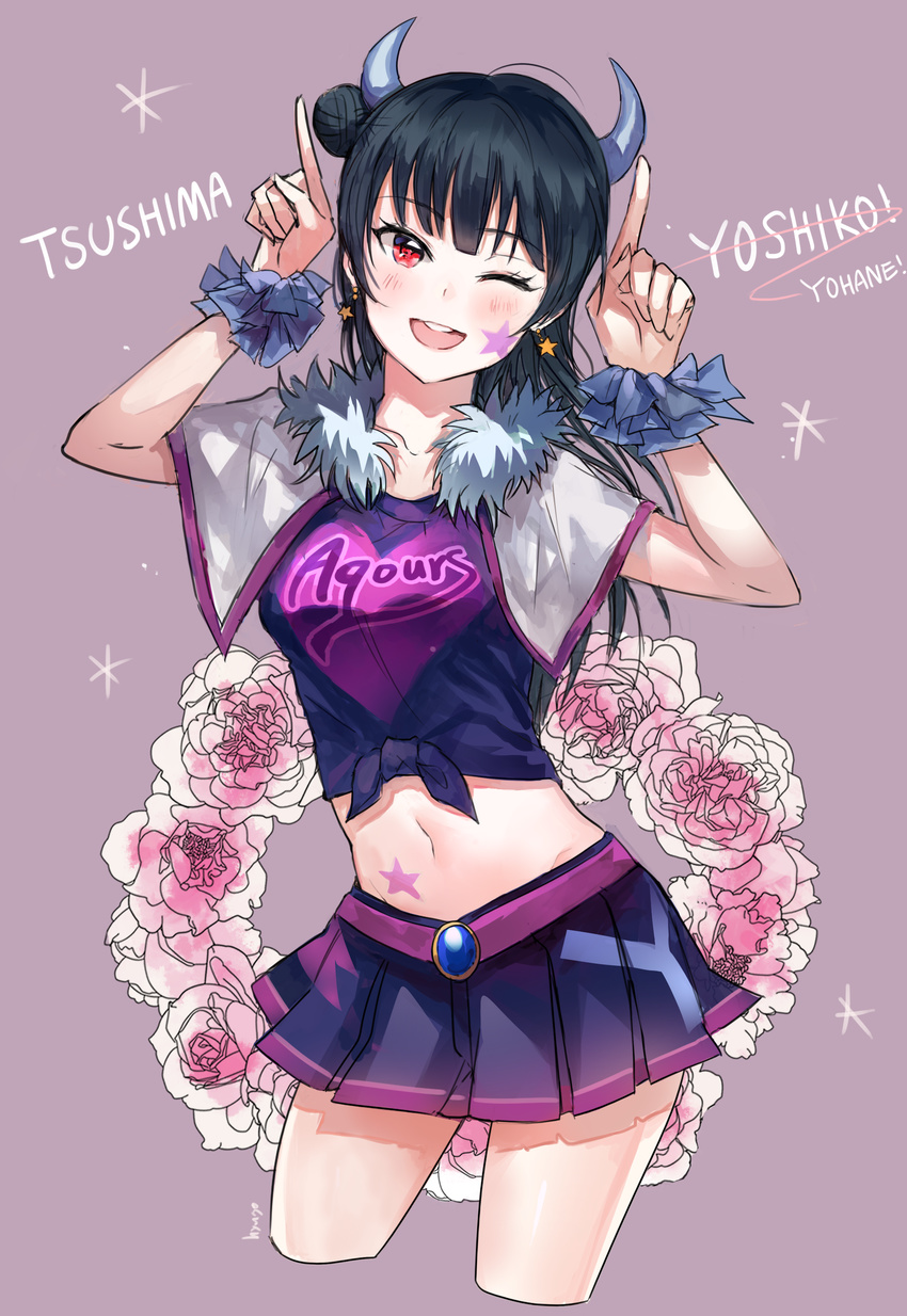 ;d absurdres bangs black_hair blue_scrunchie blush character_name cowboy_shot cropped_legs earrings facial_mark fur_collar grey_background heart heart_print highres horns hyugo index_finger_raised jewelry long_hair looking_at_viewer love_live! love_live!_sunshine!! md5_mismatch midriff miniskirt miracle_wave navel one_eye_closed open_mouth pleated_skirt red_eyes scrunchie shirt side_bun simple_background skirt smile solo star star_earrings stomach_tattoo tattoo tied_shirt tsushima_yoshiko wreath wrist_scrunchie