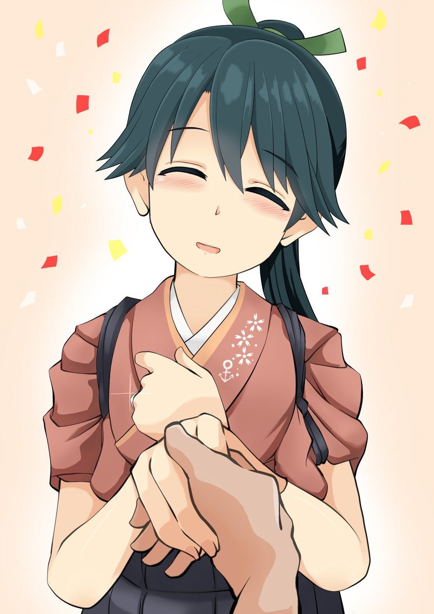 1girl :d ^_^ ^o^ admiral_(kantai_collection) black_hair closed_eyes commentary_request confetti hair_ribbon highres holding_hands houshou_(kantai_collection) imagawa_akira jewelry kantai_collection long_hair looking_at_viewer open_mouth out_of_frame ponytail pov pov_hands ribbon ring simple_background smile tasuki wedding_band
