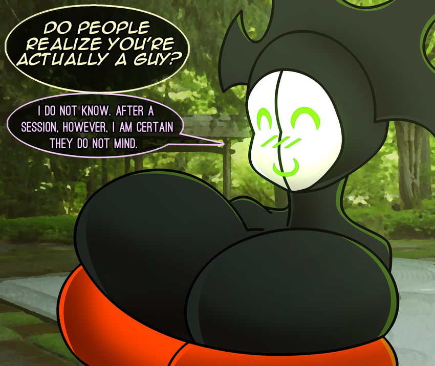 ^u^ big_breasts breasts dialogue female forest hi_res huge_breasts humanoid machine matar not_furry outside robot samurai_jack smile speech_bubble text tree vrabo