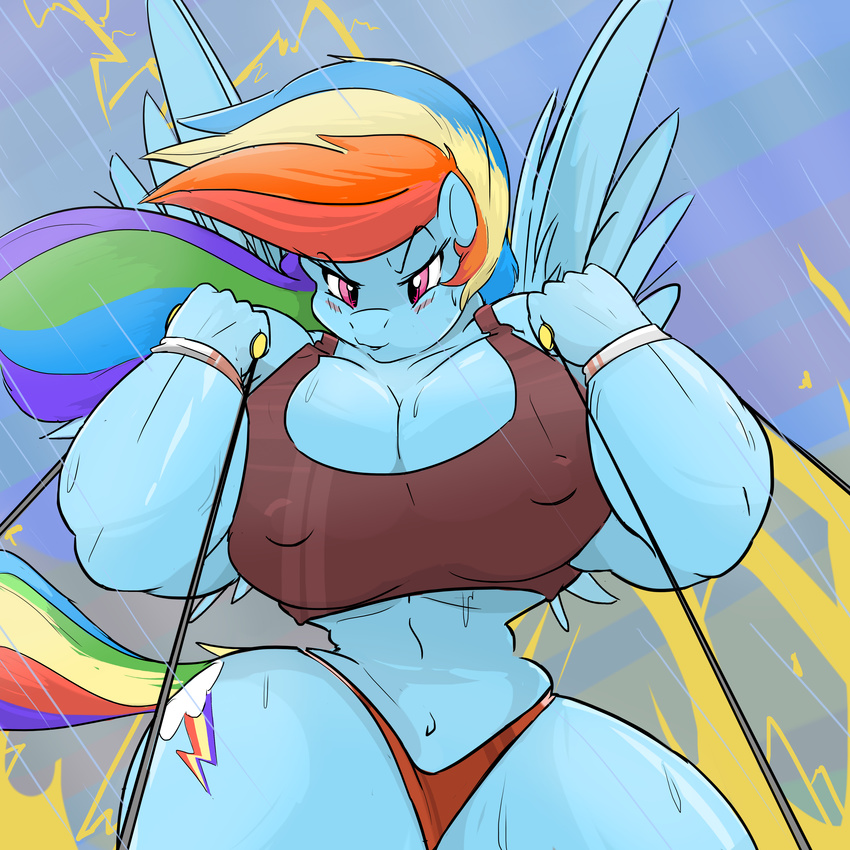2014 anthro anthrofied big_breasts blue_feathers blue_fur breasts cleavage clothed clothing commoddity cutie_mark equine feathered_wings feathers female friendship_is_magic fur hair hi_res mammal multicolored_hair multicolored_tail muscular muscular_female my_little_pony navel outside pegasus rainbow_dash_(mlp) rainbow_hair rainbow_tail raining solo wings