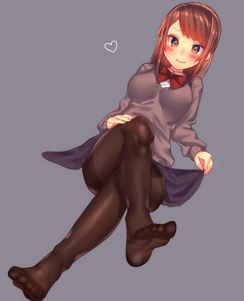 bangs blue_skirt blush bow bowtie breasts brown_eyes brown_hair brown_legwear closed_mouth collared_shirt crossed_legs dutch_angle feet full_body grey_background grey_sweater heart highres long_hair long_sleeves looking_at_viewer medium_breasts mozu_1oo no_shoes pantyhose red_neckwear shirt simple_background skirt skirt_hold smile soles solo sweater swept_bangs thighband_pantyhose toenails white_shirt