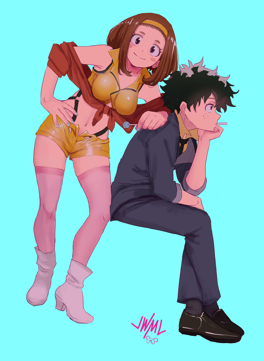 1boy 1girl bare_shoulders black_footwear black_hair black_legwear black_neckwear blue_background blue_nails blush_stickers boku_no_hero_academia boots breasts brown_eyes brown_hair candy chin_rest cigarette coat collarbone commentary cosplay cowboy_bebop dress_shirt dress_shoes ears faye_valentine faye_valentine_(cosplay) food freckles full_body hairband hand_on_hip high_heel_boots high_heels highres holding holding_food justin_leyva_(steamy_tomato) lollipop looking_at_viewer looking_away loose_necktie messy_hair midoriya_izuku nail_polish navel necktie pink_footwear pink_legwear shirt short_hair shorts signature simple_background spike_spiegel spike_spiegel_(cosplay) stomach thighhighs uraraka_ochako yellow_hairband yellow_shirt yellow_shorts