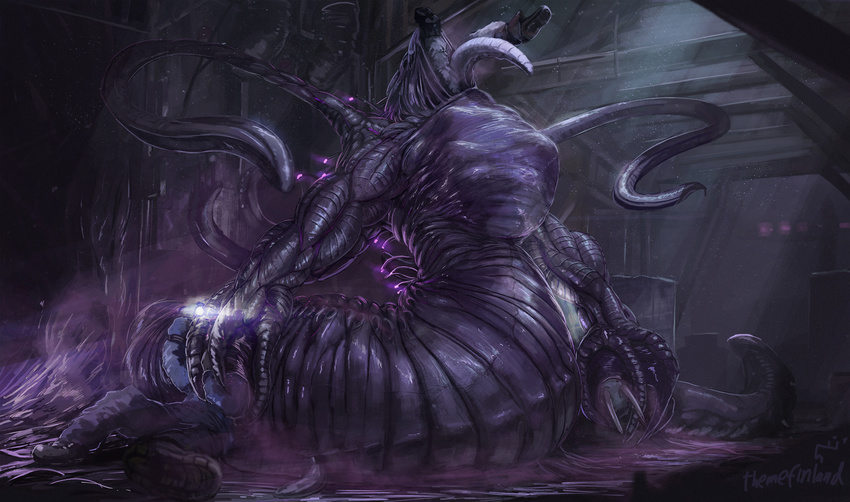 2017 abdominal_bulge alien amalgamate_(themefinland) anthro assimilation clothed clothing detailed_background goo_creature group head_first hi_res horn inside neck_bulge night purple_skin purple_theme reptile scalie story story_in_description tentacle_monster tentacles themefinland transformation vore warehouse