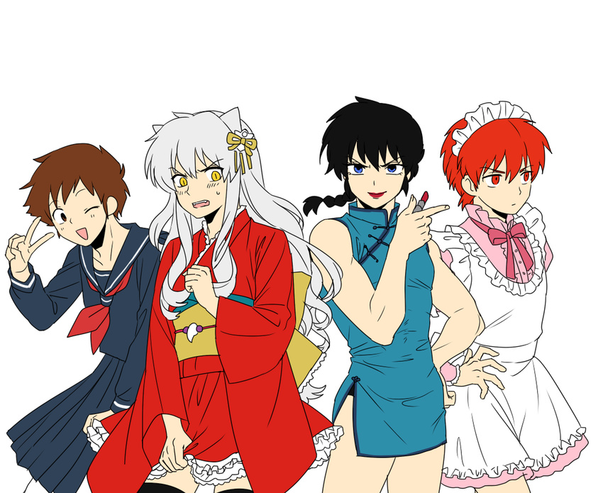 alternate_costume animal_ears blush china_dress chinese_clothes creator_connection crossdressing crossover dog_ears dress enmaided hatorion inuyasha inuyasha_(character) japanese_clothes kyoukai_no_rinne lipstick lolita_fashion maid makeup moroboshi_ataru multiple_boys ranma_1/2 rokudou_rinne saotome_ranma school_uniform serafuku urusei_yatsura wa_lolita