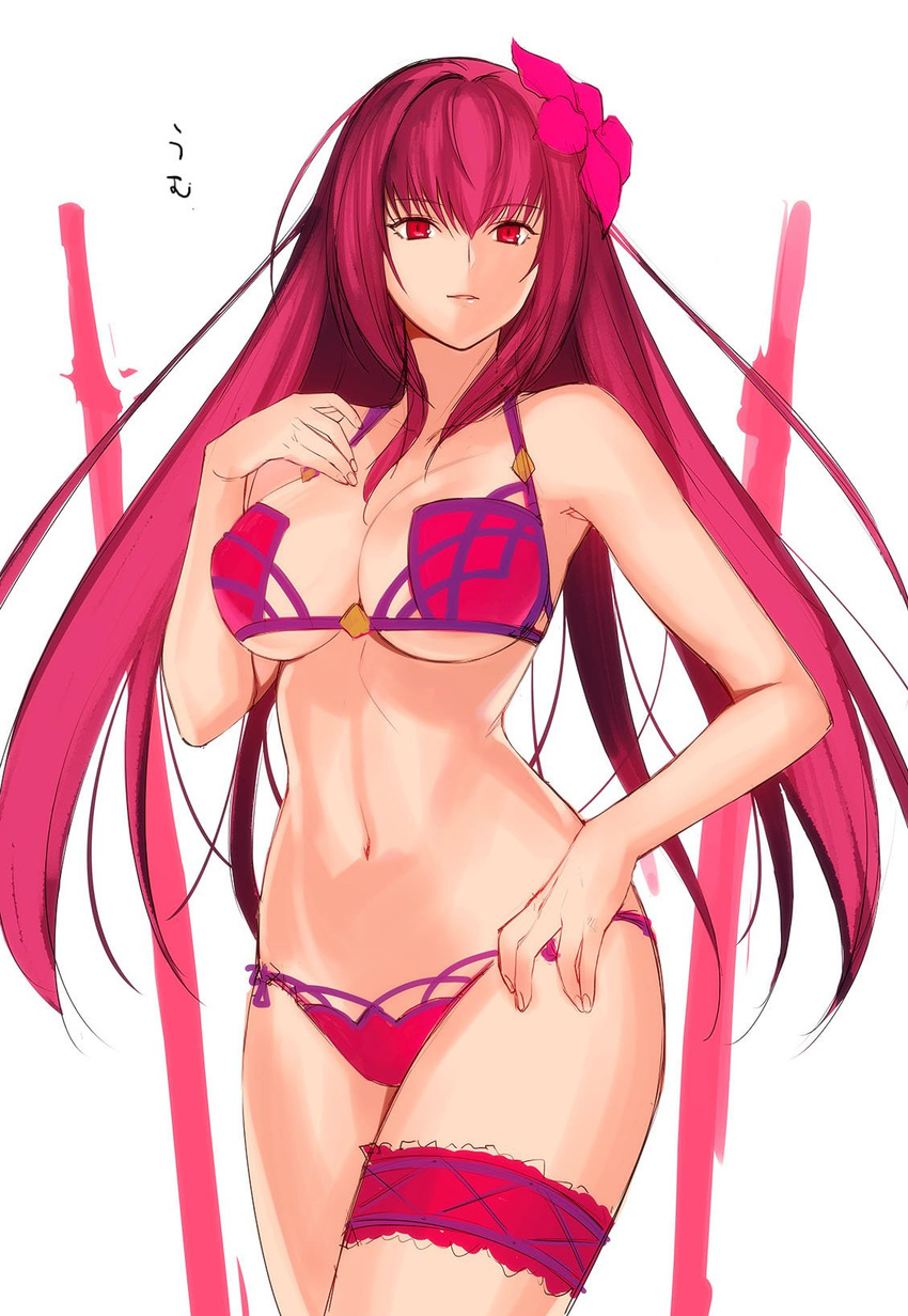 bangs bare_arms bare_shoulders breasts cowboy_shot eyebrows_visible_through_hair fate/grand_order fate_(series) fingernails flower hair_between_eyes hair_flower hair_ornament highres large_breasts leg_garter looking_at_viewer navel pants parted_lips red_eyes red_hair red_pants scathach_(fate)_(all) scathach_(swimsuit_assassin)_(fate) solo swimsuit tetsu_(kimuchi) white_background