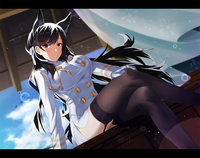 animal_ears atago_(azur_lane) azur_lane black_legwear blue_sky blurry blush breasts brown_eyes brown_hair buttons closed_mouth cloud commentary_request crossed_legs day depth_of_field epaulettes extra_ears eyebrows_visible_through_hair feet_out_of_frame garter_straps jacket kagiyama_(gen'ei_no_hasha) large_breasts lens_flare letterboxed long_hair long_sleeves looking_at_viewer military_jacket miniskirt mole mole_under_eye pencil_skirt revision sitting skirt sky smile solo thighhighs white_jacket