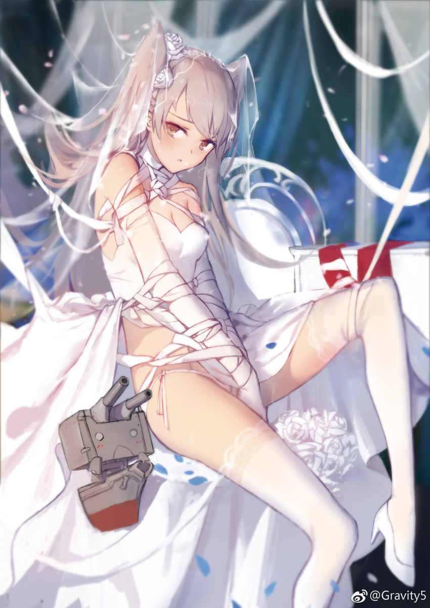 absurdres amatsukaze_(kantai_collection) bangs bare_shoulders bdsm between_legs blurry bondage bound bouquet breasts brown_eyes cleavage depth_of_field dress elbow_gloves flower gloves grey_hair hair_flower hair_ornament hand_between_legs high_heels highres kantai_collection lace lace-trimmed_thighhighs leg_up long_hair panties parted_lips rensouhou-kun ribbon ribbon_bondage side-tie_panties small_breasts string_panties swd3e2 swept_bangs thighhighs two_side_up underwear veil watermark wedding_dress weibo_logo weibo_username white_dress white_gloves white_legwear white_panties