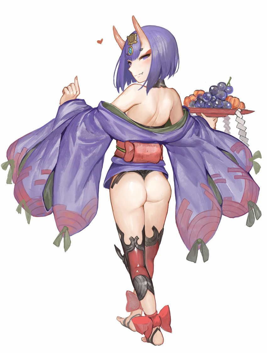 absurdres akizone ankle_ribbon ass bangs bare_shoulders barefoot black_choker bob_cut bow choker commentary cup eyelashes fang fate/grand_order fate_(series) food fruit full_body gem grapes hair_ornament heart highres holding holding_cup horns japanese_clothes kimono long_sleeves looking_at_viewer looking_back obi off_shoulder oni oni_horns peach purple_eyes purple_hair ribbon sakazuki sash shide short_hair shuten_douji_(fate/grand_order) simple_background smile solo standing toeless_legwear white_background wide_sleeves
