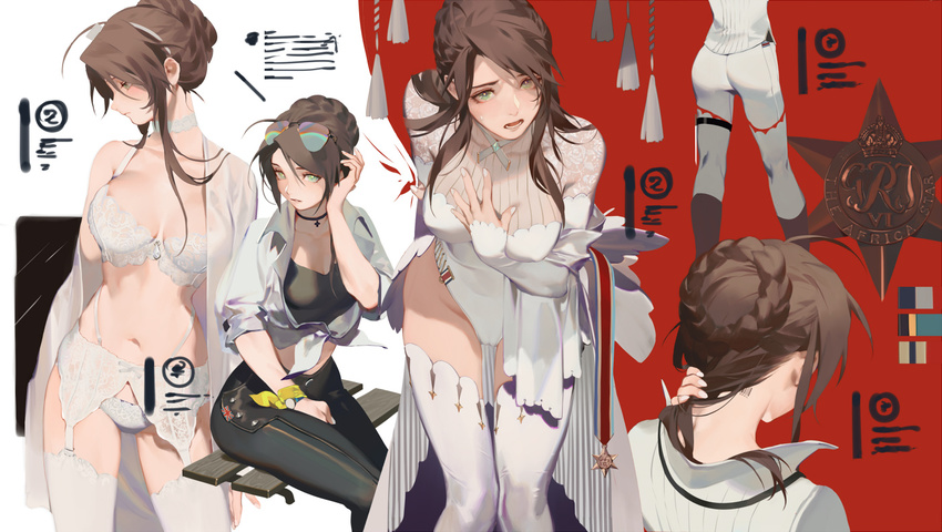 ass badge barcode_tattoo blush bra braid brown_hair cameltoe character_sheet choker color_guide covered_nipples french_braid garter_belt garter_straps girls_frontline green_hair jacket jewelry lace lace_bra lace_panties leather leather_pants lee-enfield_(girls_frontline) leotard lingerie neck_ring panties pants rei_(sanbonzakura) robe sunglasses sweat tank_top tattoo underwear union_jack white_bra white_garter_belt white_legwear white_leotard white_panties