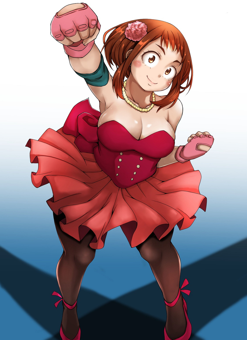 adahcm armpits black_legwear blush blush_stickers boku_no_hero_academia breasts brown_eyes brown_hair clenched_hands collarbone dress fingerless_gloves flower full_body gloves hair_flower hair_ornament highres jewelry large_breasts looking_at_viewer necklace pantyhose pearl_necklace pink_gloves short_hair skirt smile solo strapless strapless_dress uraraka_ochako