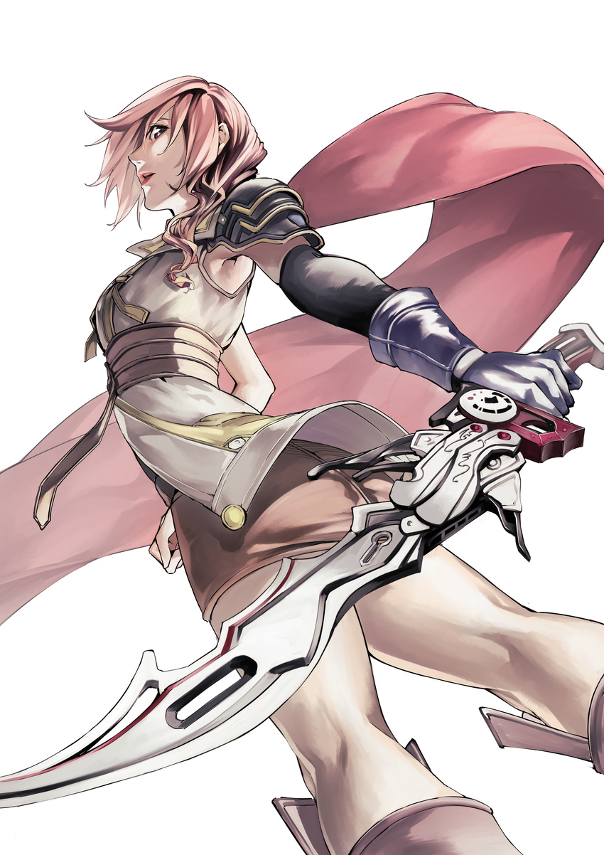 absurdres asymmetrical_hair cape elbow_gloves final_fantasy final_fantasy_xiii gloves gunblade highres kneepits lightning_farron looking_at_viewer open_mouth pink_hair shoulder_pads simple_background single_glove snowcat. solo sword weapon white_background