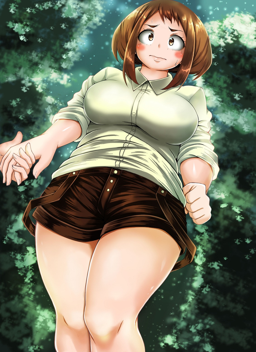 adahcm blush blush_stickers boku_no_hero_academia breasts brown_eyes brown_hair closed_mouth collared_shirt forest from_below highres holding_hands large_breasts looking_at_viewer nature night night_sky scared shirt short_hair shorts sky sleeves_rolled_up solo sweatdrop tree uraraka_ochako wavy_mouth