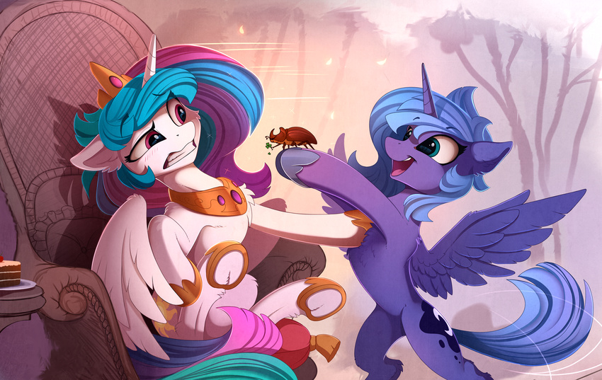 2017 arthropod beetle blue_eyes blush cake chair clenched_teeth collar cutie_mark duo equine feathered_wings feathers female feral food friendship_is_magic fur hair hi_res holding_object horn insect long_hair mammal multicolored_hair my_little_pony open_mouth open_smile princess_celestia_(mlp) princess_luna_(mlp) purple_eyes sitting smile teeth underhoof winged_unicorn wings yakovlev-vad