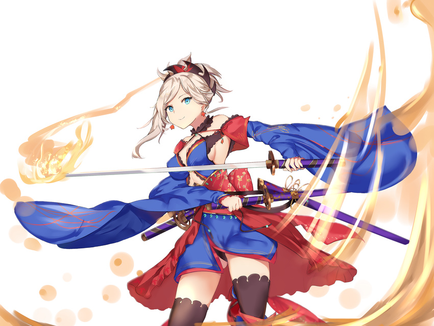blue_eyes blush dress fate/grand_order long_hair pink_hair ponytail saber_(miyamoto_musashi) sword warrior