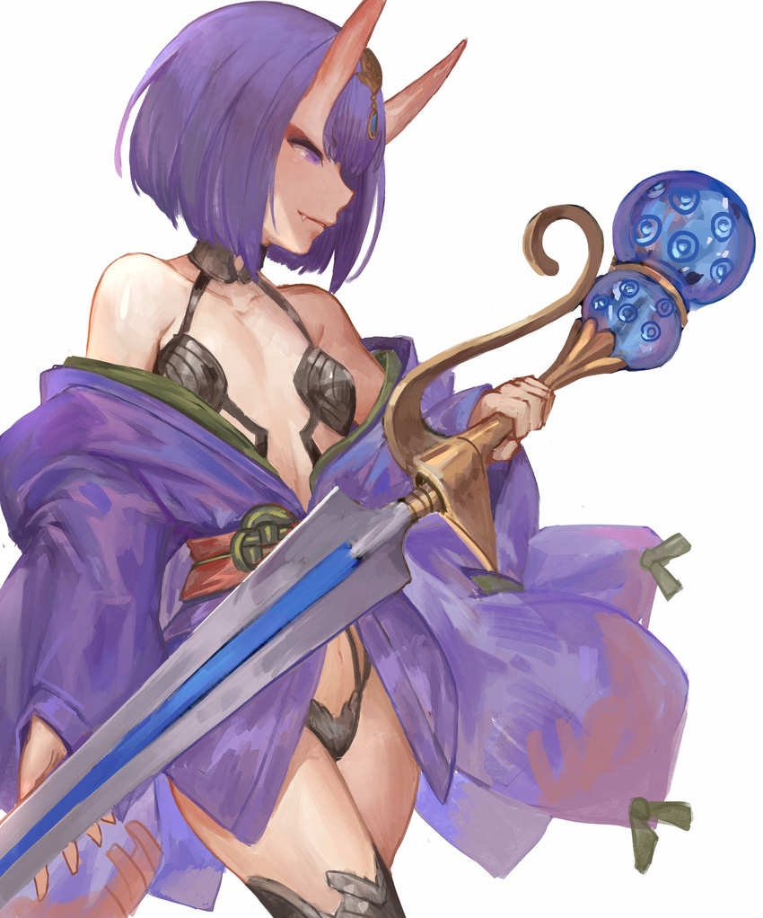 absurdres akizone bangs bare_shoulders black_choker bob_cut breasts choker collarbone commentary cowboy_shot evil_smile eyebrows_visible_through_hair eyelashes fang fate/grand_order fate_(series) gem hair_ornament highres holding holding_sword holding_weapon horns japanese_clothes kimono long_sleeves looking_at_viewer obi oni oni_horns parted_lips profile purple_eyes purple_hair revealing_clothes sash short_hair shuten_douji_(fate/grand_order) simple_background small_breasts smile solo sword thighhighs weapon white_background wide_sleeves