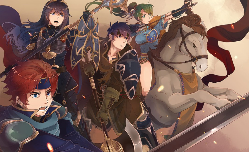 2girls armor axe blue_eyes blue_hair bow_(weapon) cape cosplay dress durandal_(fire_emblem) earrings eliwood_(fire_emblem) eliwood_(fire_emblem)_(cosplay) fingerless_gloves fire_emblem fire_emblem:_fuuin_no_tsurugi fire_emblem:_kakusei fire_emblem:_rekka_no_ken fire_emblem:_souen_no_kiseki fire_emblem_heroes fur_trim gloves green_eyes green_hair greil greil_(cosplay) headband high_ponytail horse ike jewelry long_hair lucina lyndis_(fire_emblem) multiple_boys multiple_girls ponytail red_hair roy_(fire_emblem) short_hair shy_(ribboneels) sword tiara very_long_hair weapon