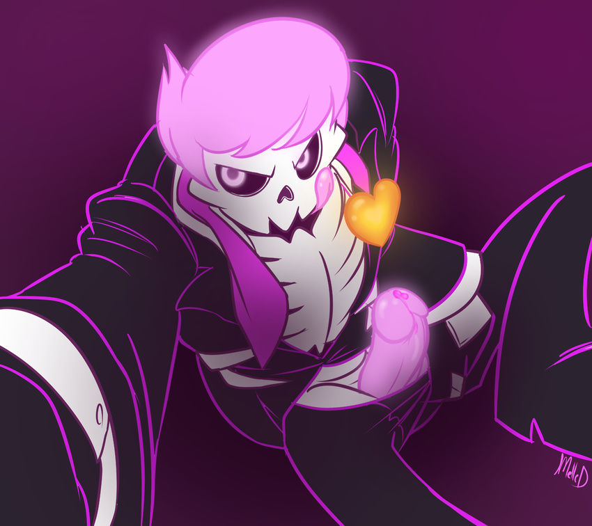 bone clothing clothing_undone ghost glowing glowing_eyes hair holding_camera holding_object male mystery_skulls not_furry penis pink_eyes pink_hair skeleton solo spirit suit translucent translucent_penis