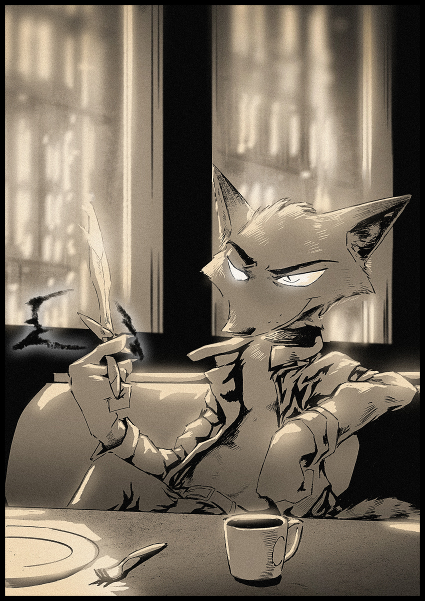 2017 anthro bare_chest belt booth canine clothed clothing cup disney fork fox holding_object holding_weapon knife male mammal monochrome nick_wilde open_jacket plate reclining sepia sitting smile solo thewyvernsweaver weapon zootopia