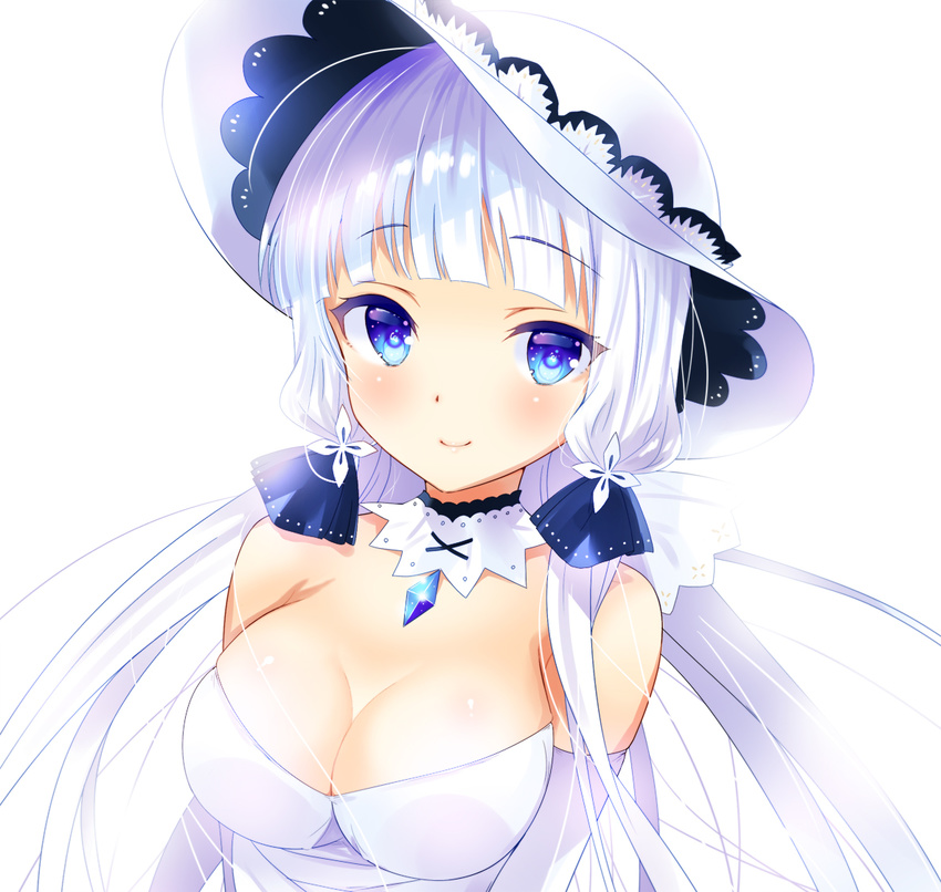 azur_lane blue_eyes blush dress hat illustrious_(azur_lane) long_hair smile white_hair