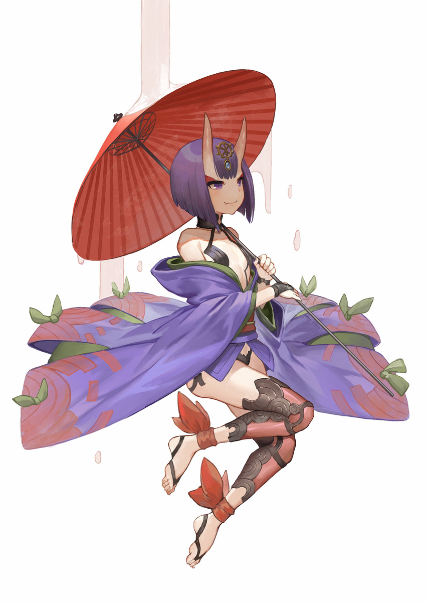absurdres akizone ankle_ribbon bangs bare_shoulders barefoot black_choker bob_cut choker commentary eyelashes fang fate/grand_order fate_(series) from_side full_body gem hair_ornament highres holding holding_umbrella horns japanese_clothes kimono long_sleeves looking_at_viewer obi off_shoulder oni oni_horns oriental_umbrella purple_eyes purple_hair ribbon sash short_hair shuten_douji_(fate/grand_order) simple_background smile solo umbrella white_background wide_sleeves