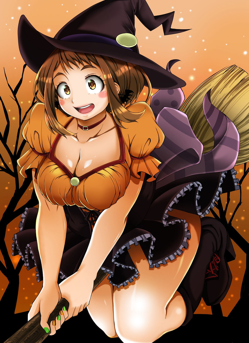 adahcm blush blush_stickers boku_no_hero_academia boots bow breasts broom brown_choker brown_eyes brown_hair choker cleavage collarbone corset dress earrings frills full_body halloween halloween_costume hat highres jewelry large_breasts looking_at_viewer open_mouth puffy_short_sleeves puffy_sleeves short_hair short_sleeves skirt smile solo tree uraraka_ochako witch witch_hat