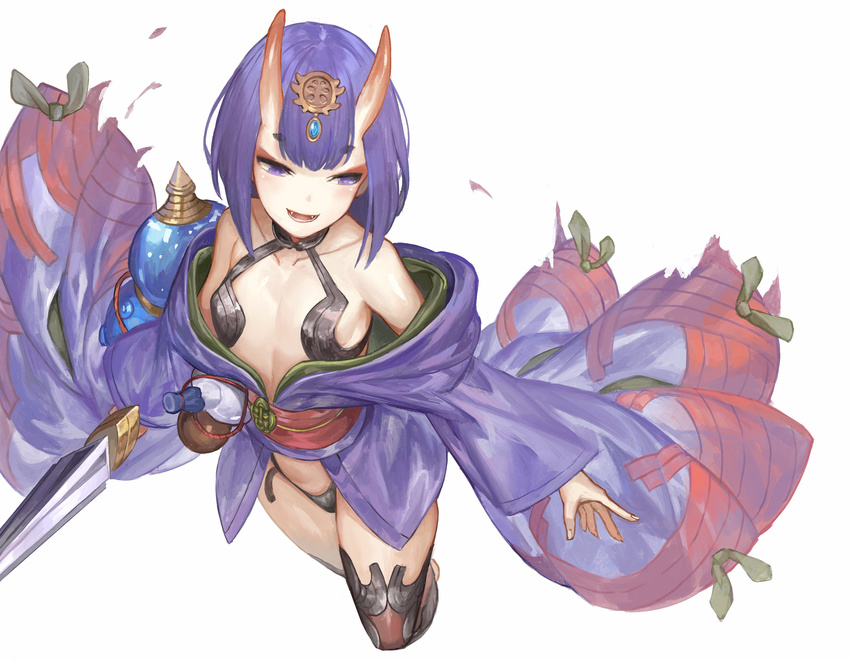 :d absurdres akizone bangs bare_shoulders black_choker bob_cut bottle breasts choker collarbone commentary eyelashes fangs fate/grand_order fate_(series) from_above gem hair_ornament highres holding holding_sword holding_weapon horns japanese_clothes kimono long_sleeves obi off_shoulder oni oni_horns open_mouth outstretched_arm purple_eyes purple_hair revealing_clothes sash short_hair shuten_douji_(fate/grand_order) simple_background small_breasts smile solo sword teeth thighhighs weapon white_background wide_sleeves